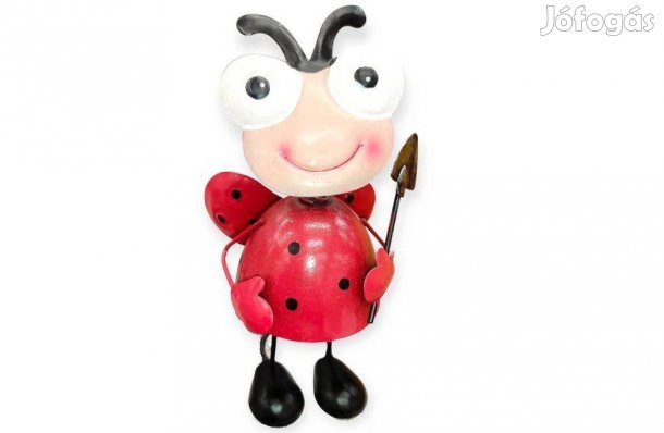 Fém katicabogár kerti dekoráció lapáttal, mozgó figurával 8x8x19 cm
