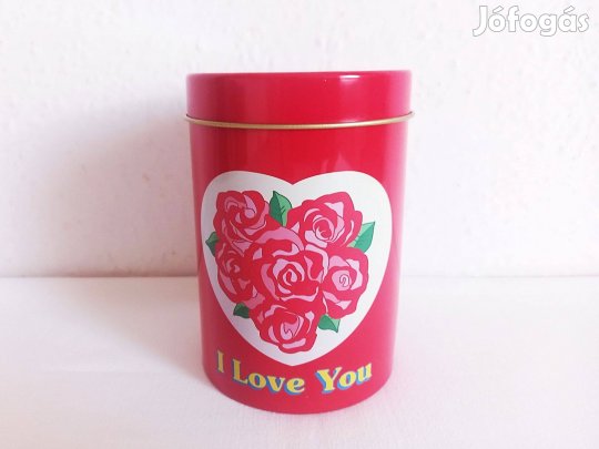 Fém tároló doboz szív és rózsa mintával felirattal, ajándékdoboz