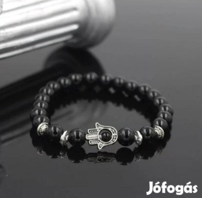 Fényes ónix, hamza kézzel karkötő, unisex