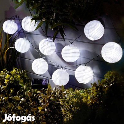 Fényfüzér Szolár lampion - 10 db fehér lampion, hidegfehér LED - 3,7 m