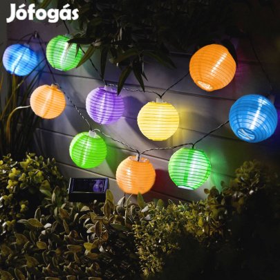 Fényfüzér Szolár lampion - 10 db színes lampion hidegfehér LED - 3,7 m