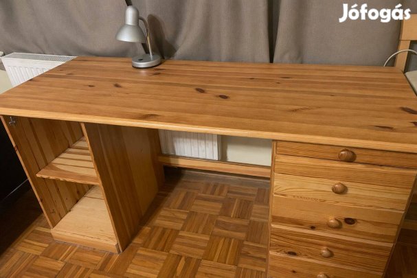 Fenyő íróasztal 145x63 cm 5 fiókos, polcos, nagy méret