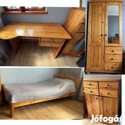 Fenyőbútor-szett(ágy matraccal,iróasztal székkel,kétajtós szekrénnyel