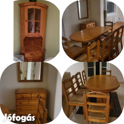Fenyőétkező: ovális asztal + 6 db szék sarok szekrény, komod