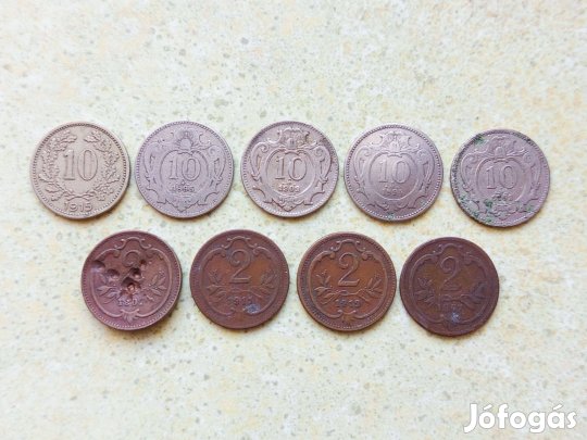 Ferenc József 9 db Különböző Érme 2 10 Heller Fillér 1893-1915
