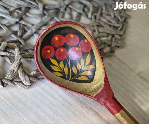 Festett fakanál orosz népművészeti piros bogyós Ritka