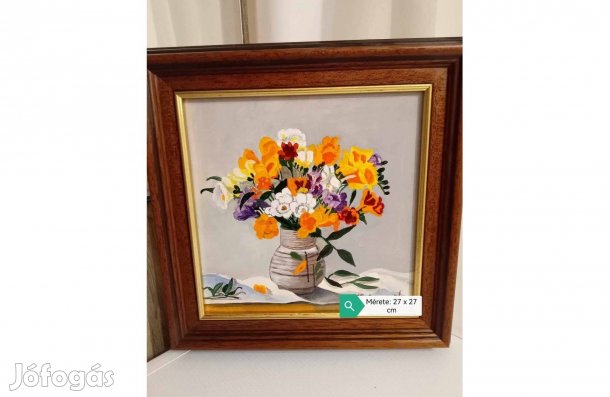 Festett kép keretben ( Sárga virágok vázában ) 27 x 27 cm eladó!