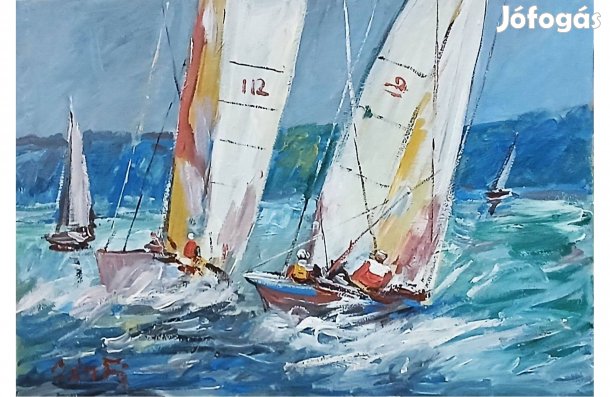 Festmény (02/04) - Bánfi : Vitorlások (olaj, karton, 50x35 cm)