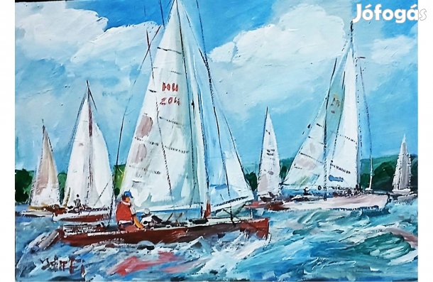 Festmény (02/05) - Bánfi : Vitorlások (olaj, karton, 50x35 cm)