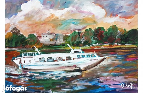 Festmény (02/13) Bánfi : Szárnyashajó a Dunán (olaj, karton, 50x35 cm)