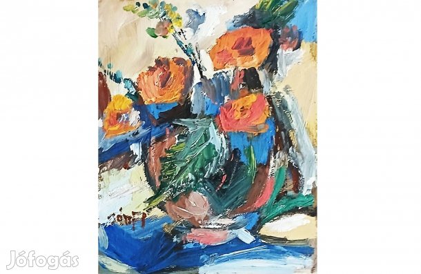 Festmény (05/01) Bánfi : Csendélet (olaj, farost, 30x24 cm)