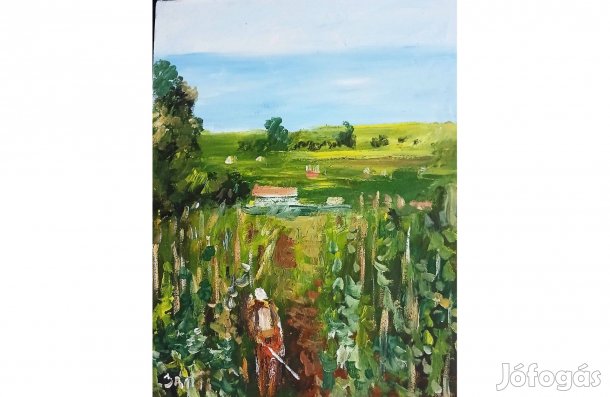 Festmény (V-01) Bánfi : Szőlőművelés (olaj, farost, 26x24 cm)