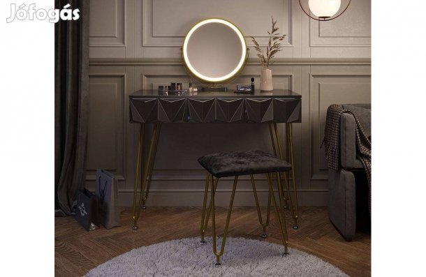 Fésülködőasztal székkel, Led tükörrel, fekete, Vicco Ruby,Új