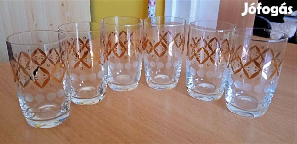 Finom, vékonyfalú, aranyozott, régi, csiszolt, üvegpohár készlet