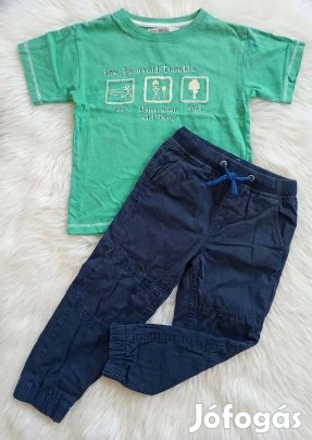 Fiú szett 110 116 mókás zöld póló + sötét nadrág, kényelmes, jó álla
