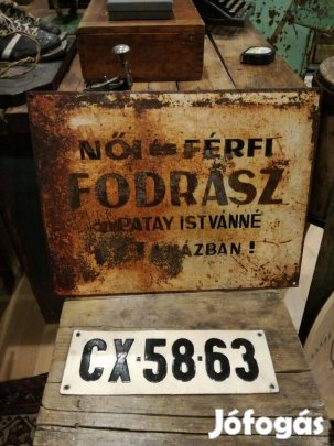 Fodrász tábla, régi fém tábla, patinás festett tábla dekorációnak