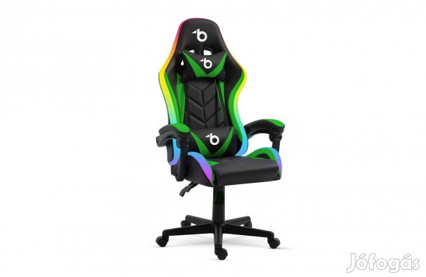 Forgószék RGB LED-es gamer szék - karfával, párnával Zöld - fekete