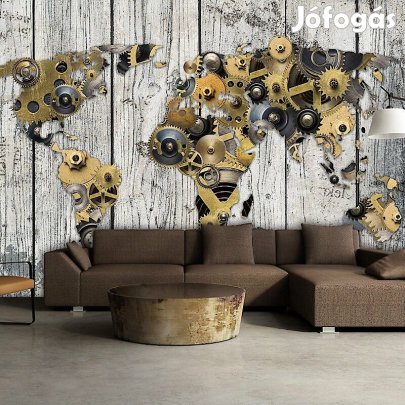 Fotótapéta - Mechanika mintás világtérkép fa háttérrel