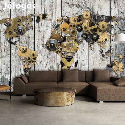 Fotótapéta - Mechanika mintás világtérkép fa háttérrel