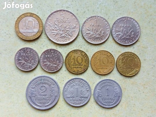 Franciaország 12 db Különböző Érme Centimes Frank francs 1941-1992
