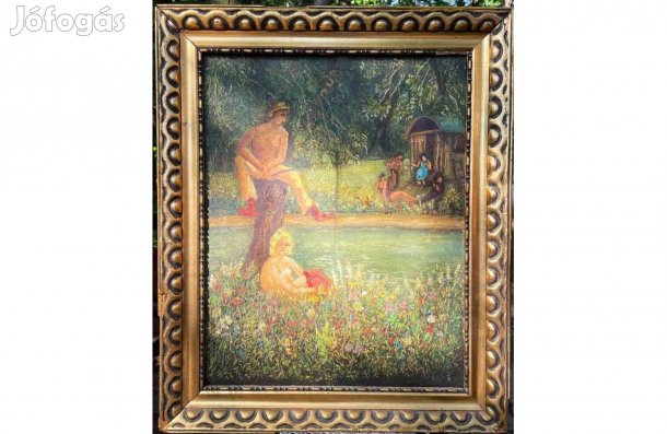 Franz Zureich (német festő) olaj festménye 1904 Horgász a folyóparton