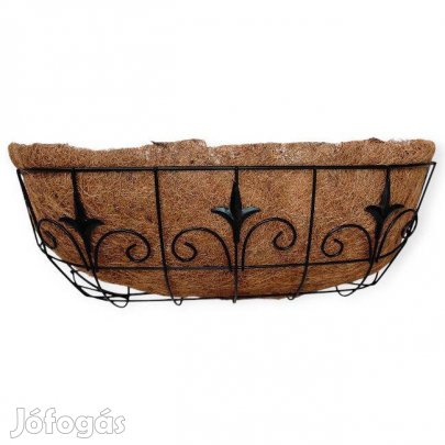 Függő virágtartó kókuszrost béléssel 59x18x20cm fekete fém növénytar