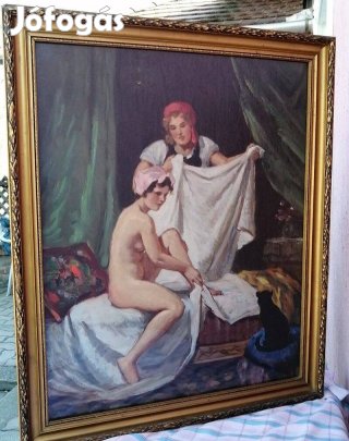 Fürdés után. Nagy méretű festmény Mihalovics szignóval