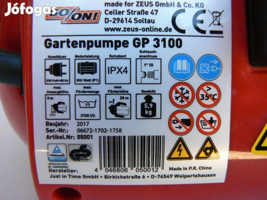 Fúrt, ásott kutakba 600W teljesítményű kerti szivattyú, garanciával