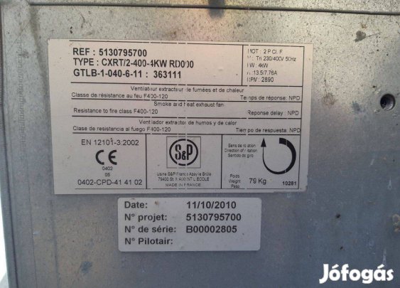 Füst- és hőelszívó ventilátor 4 kW, EN 12101-3