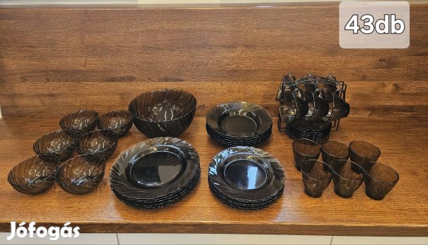 Füstös üveg étkészlet, 43db