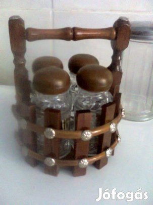 Fűszertartó, 4 db-os kosárka, fa és üveg