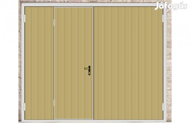 Garázskapu PR kétszárnyú, fényes homok szín, sok opcióval, bal oldali