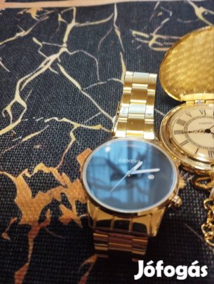 Geneva féfi karóra és egy zsebóra lánccal.Mindkettő arany színű .