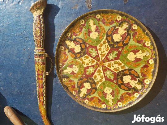 Görög fém festett dísztányér sett