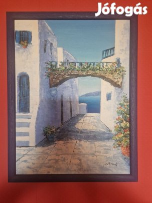 Görög tengerparti utcarészlet szignózott olajfestmény