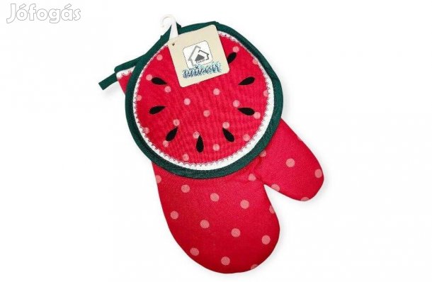 Görögdinnyés sütőkesztyű edényfogóval zöld-piros pamut szett