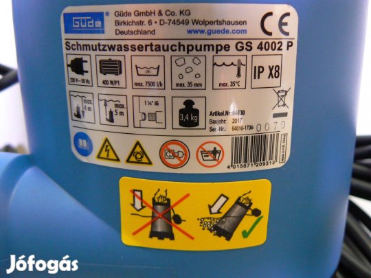 Güde GS 4002 P merülő szennyvízszivattyú 7500L/h teljesítménnyel