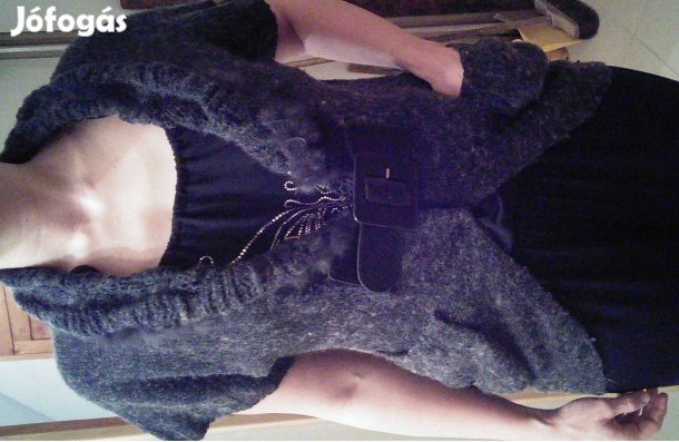 Gyapjú kardigán sötétszürke női szőrme M L szürke mellény