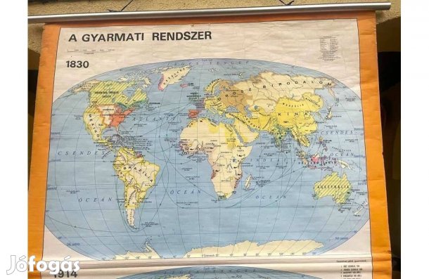 Gyarmati rendszer 1830-1914 régi nagyméretű iskolai fali térkép, retro