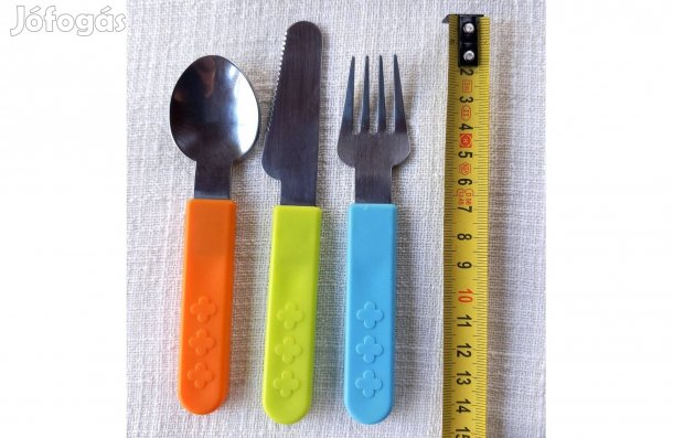 Gyerek étkészlet (kanál, villa, kés), rozsdam.-s acél, színes nyéllel