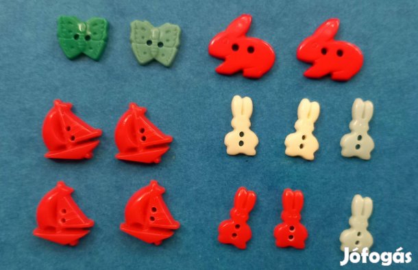 Gyerekruhára való díszgombok - nyuszis, lepkés hajós, 14 db, új