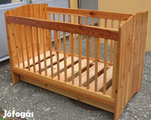 Gyermek kiságy, tömör fenyőből, ágyneműtartóval