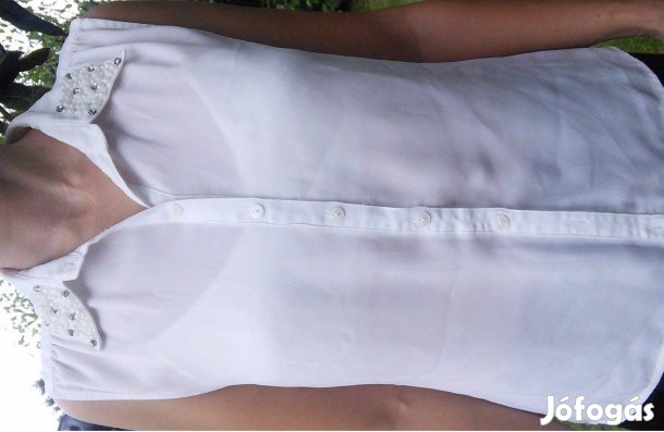 Gyöngy strassz díszítésű fehér blúz ujjatlan ing női M-es galléros M