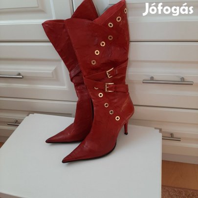 Gyönyörű, nagyon különleges, valódi bőr piros csizma , kesztyűbőr