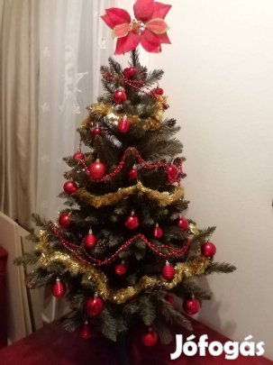 Gyönyörű dúsan díszített "tobozos" karácsonyfa, műfenyő 120 cm