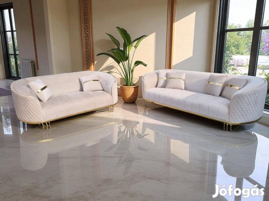 Gyönyörű íves vonalvezetésű sötét bézs puha plüss ülőgarnitúra 2+3