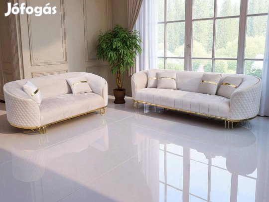 Gyönyörű íves vonalvezetésű sötét bézs puha plüss ülőgarnitúra 2+3