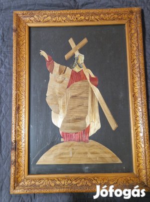 Gyönyörű kézzel faragott fa keretben egyedi nádintarzia 64x73 akció!