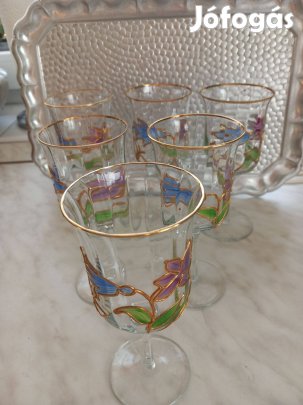 Gyönyörű színes Tiffany üvegpohár készlet talpas aranyozott 6 db