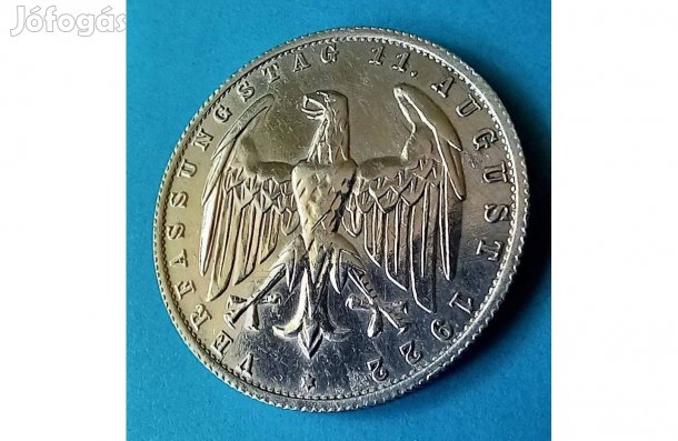 Gyűjtőknek szép 1922-es Németország 3 Márka pénzérme eladó